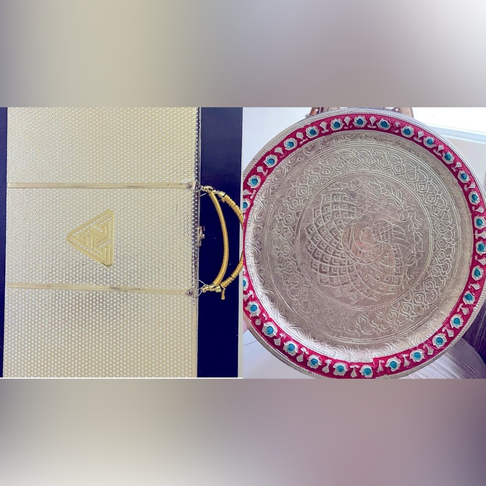 Combo Plastic plate in golden aluminium foil,wooden box with removable partition - Picture 1 of 8